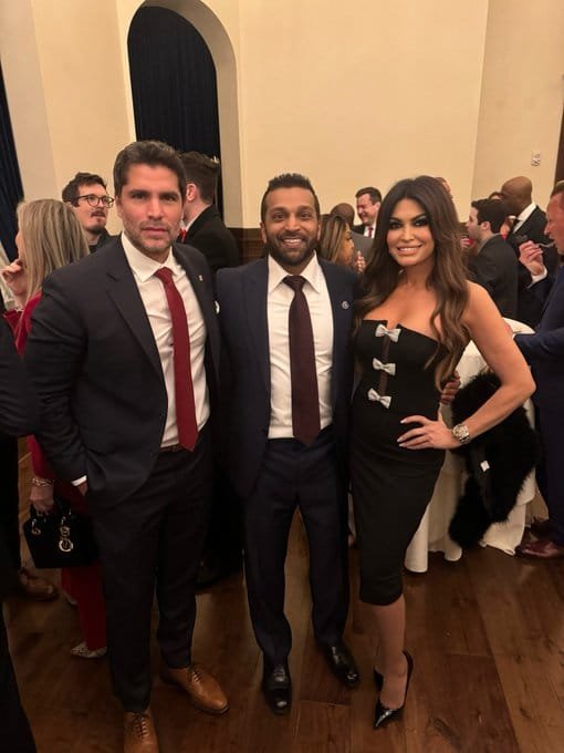 Kimberly Guilfoyle and newly appointed FBI Director Kash Patel attend an exclusive reception, engaging with distinguished guests in an elegant setting.